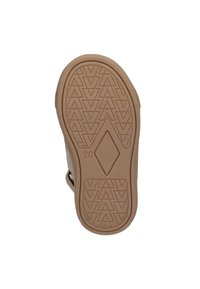 Bruine rubberen zool met een diamantvorm in het midden en een getextureerd zigzagpatroon voor grip. Bevat een afgeronde rand.