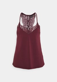 Camisola bordeaux con un pannello di pizzo sul petto e sulla schiena. Spalline sottili regolabili e una texture morbida e liscia. Design con scollo a V.