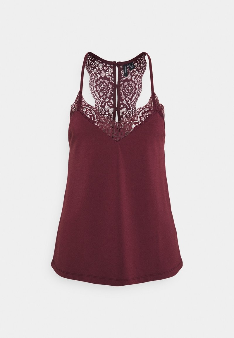 Camisola bordeaux con un pannello di pizzo sul petto e sulla schiena. Spalline sottili regolabili e una texture morbida e liscia. Design con scollo a V.