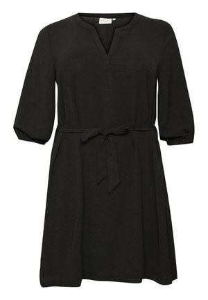 Schwarzes Kleid aus leichtem Stoff, mit V-Ausschnitt, 3/4-Ärmeln, Taillengürtel und lässigem Schnitt mit subtiler Textur.