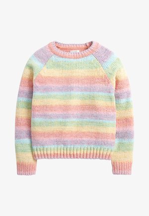 Gruby sweter na drutach z poziomymi paskami w pastelowych kolorach różu, żółci, zieleni, niebieskiego i fioletu, z okrągłym dekoltem i długimi rękawami.