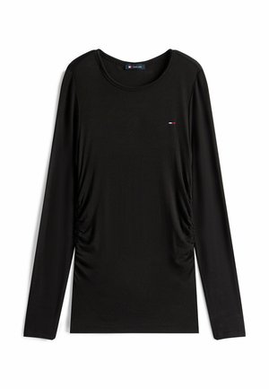 Zwarte longsleeve top met een geribbelde textuur, een geplooid zijdetail en een ronde halslijn. Voorzien van een klein logo op de borst.