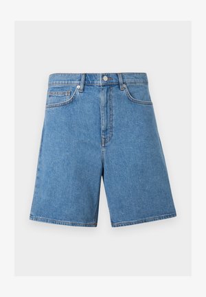 Μπλε τζιν σορτς με ψηλή μέση, κλείσιμο με κουμπί και φερμουάρ μπροστά, θηλιές για ζώνη και τσέπες μπροστά και μικρή τσέπη.