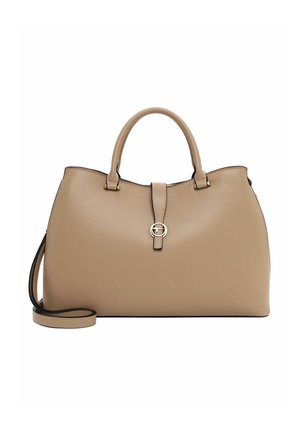 Beige leather handbag with rounded top, dual handles, and a detachable shoulder strap. Features a clasp closure and minimalist design accents.