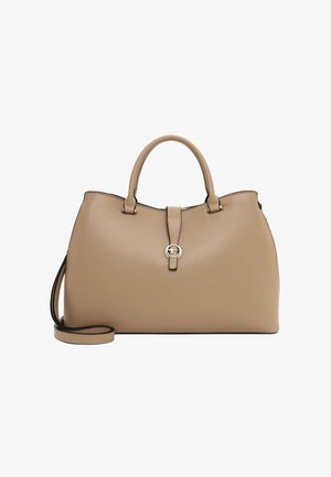 Borsa a tracolla in pelle beige con parte superiore arrotondata, manici doppi e una tracolla rimovibile. Presenta una chiusura a gancio e dettagli dal design minimalista.