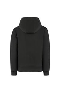 Zwarte gewatteerde jas met capuchon, elastische manchetten en zoom. Gladde textuur, minimalistisch ontwerp, geen zichtbare hardware of patronen. Achteraanzicht.