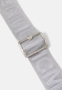 Zilveren stoffen riem met grote gewoven tekst "STEVE MADDEN" en een zilveren rechthoekige metalen gesp, gegraveerd met "SM" en "STEVE MADDEN."