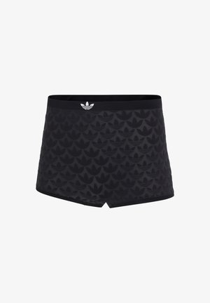 Czarne sportowe szorty z tkaniny z fakturowanym wzorem składającym się z powtarzających się kształtów liści, elastycznym pasem oraz małym białym logo z przodu.