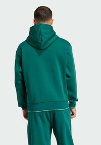 Haut à capuche en coton vert avec une grande capuche, une poche kangourou et des coutures contrastantes le long de l'ourlet. Texture douce, coupe décontractée.