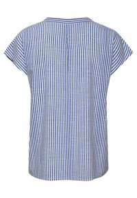 Top de manga corta fabricado con tejido ligero que presenta rayas verticales azules y blancas. Escote redondeado y corte relajado, con dobladillo recto.