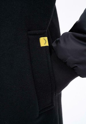 Ręka w czarnej, pikowanej rękawiczce wsuwa się do kieszeni czarnego wełnianego płaszcza z małą żółtą metką przedstawiającą symbol zamkniętego oka.