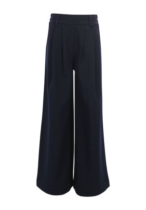 Marineblauwe, hoog getailleerde wijde broek met plooien aan de voorkant, lussen voor een riem en een losse pasvorm die tot op de vloer reikt.