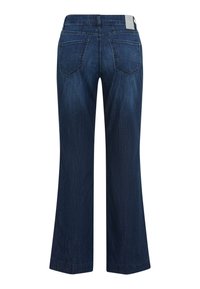 Mørkeblå jeans i denim med vide ben, to baglommer, bæltestropper og et lille mærke ved buksens højre side af taljen.