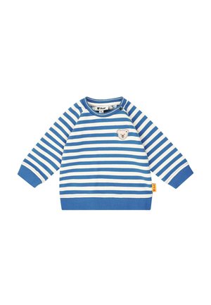 Blue and white striped long-sleeve baby sweater with a small bear face patch on the chest and a button near the collar.
