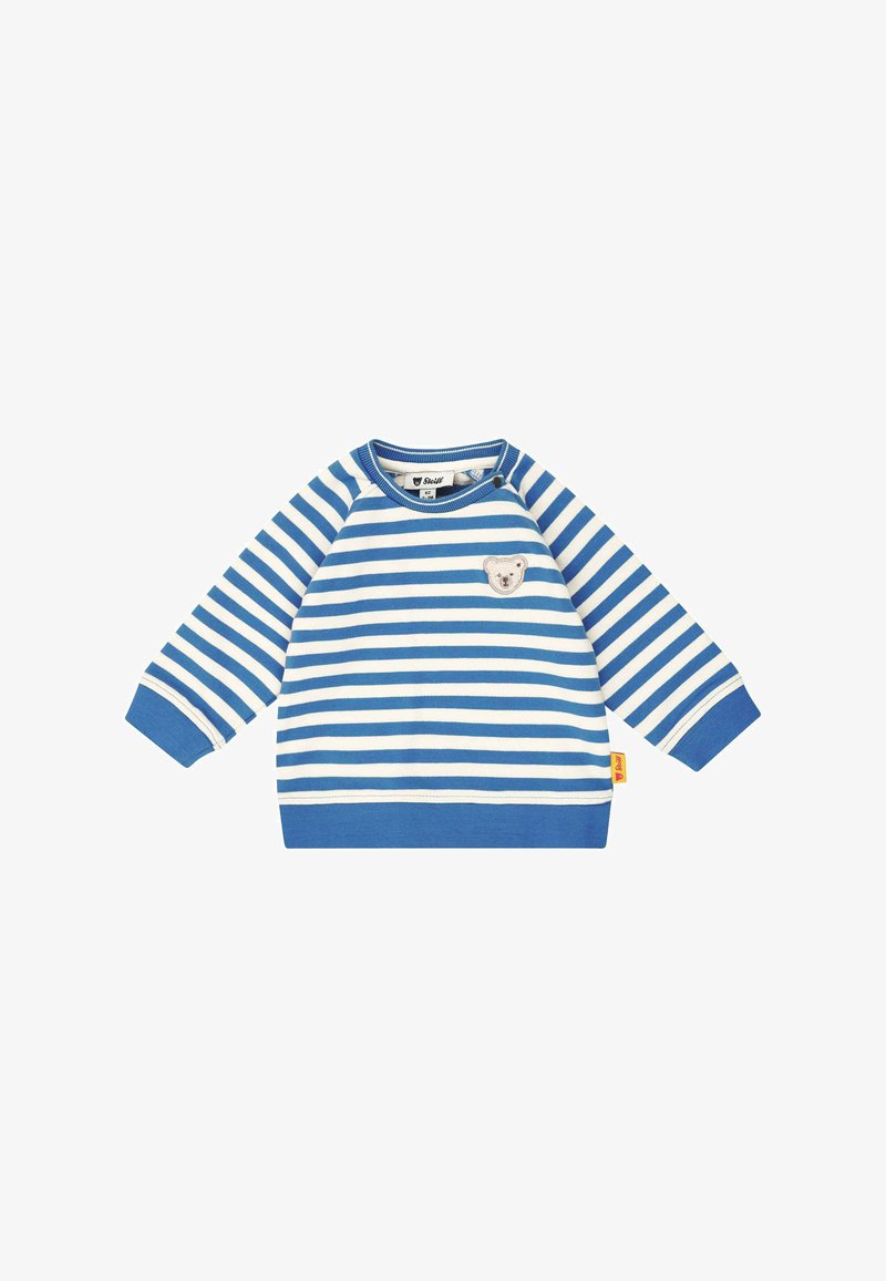 Suéter para bebé de manga larga con rayas azules y blancas, con un pequeño parche de cara de oso en el pecho y un botón cerca del cuello.