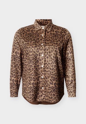 Leopard print long-sleeve button-up shirt with two chest pockets and a pointed collar on a plain background.