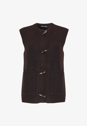Gilet marrone lavorato a maglia senza maniche, dotato di tre bottoni a chiusura toggles e due tasche frontali. Design a coste testurizzato in tutto il capo.