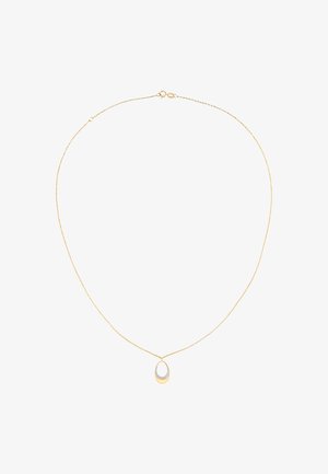 Collier en or avec une chaîne fine et un pendentif en forme d'ovale. Le pendentif présente un accent en argent avec une texture lisse.