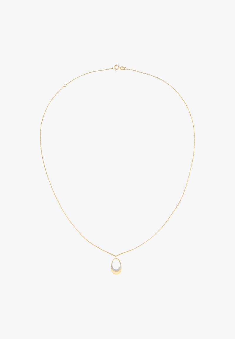 Guld halskæde med en fin kæde og et vedhæng formet som en oval. Vedhænget har en sølvaccent med en glat tekstur.