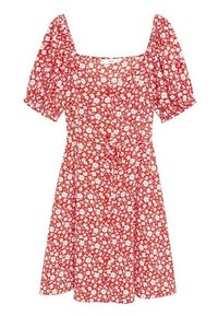 Rotes Blumenkleid mit quadratischem Ausschnitt, kurzen Puff�ärmeln, Taillenknoten und einem ausgestellten Rock. Weißes Blumenmuster auf einem strukturierten Stoff.