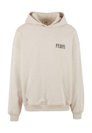 Beige hooded sweatshirt made of soft fabric. Features a front pocket and a logo printed in black on the left chest. Relaxed fit and ribbed cuffs.