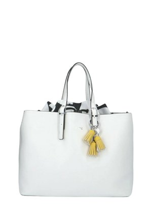 Borsa tote in pelle bianca con due manici, hardware argentato e adornamenti in nappa gialla. Presenta un interno con motivo in bianco e nero.