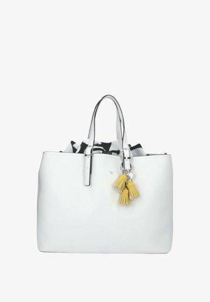 Borsa tote in pelle bianca con due manici, hardware argentato e adornamenti in nappa gialla. Presenta un interno con motivo in bianco e nero.