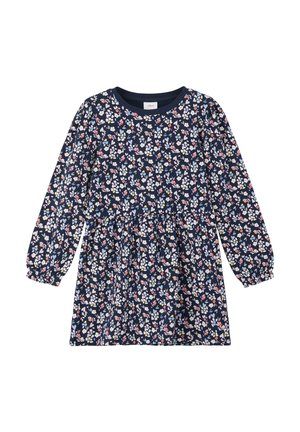 Vestito navy a fiori con maniche lunghe a sbuffo, realizzato in tessuto morbido. Presenta una vita aderente e una gonna svasata, decorata con fiori multicolore.