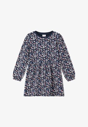 Vestido azul marino con estampado floral y mangas largas abullonadas, hecho de tela suave. Cuenta con cintura ajustada y falda acampanada, decorado con flores multicolores.