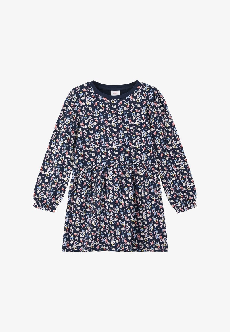Robe marine à fleurs avec de longues manches bouffantes, en tissu doux. Elle présente une taille cintrée et une jupe évasée, décorée de fleurs multicolores.