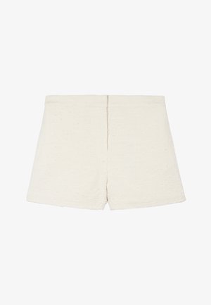 Offwhite texturierte Damen-Shorts mit hoher Taille, geradem Saum und zentraler Naht hinten.