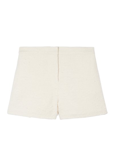 Shorts taille haute pour femme en tissu texturé écru, avec un ourlet droit et une couture centrale au dos.