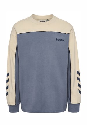 Langärmiges Crewneck-Sweatshirt mit hellbeigem Oberteil und Ärmeln, blauem Hauptkörper, marineblauen Chevron-Streifen an den Ärmeln und „hummel“-Logo auf der Brust.