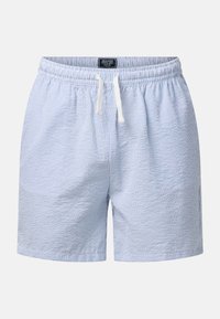 Shorts décontractés rayés bleu clair et blanc avec une taille élastique et des cordons blancs à l'avant.