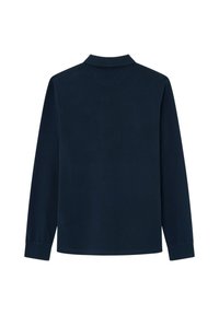Marine langermet polo-skjorte med krage, myk tekstur og avslappet passform. Nøytral design uten mønstre eller merkbare detaljer.
