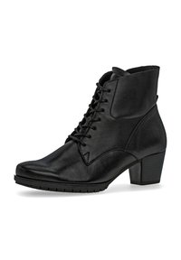 Botte de cheville en cuir noir avec un bout arrondi, un petit talon cubique et des lacets à l'avant. Présente une texture lisse et des détails de couture subtils.