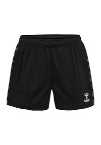 Zwarte sportshorts met een elastische tailleband, zijpanelen met een grijze ruitpatroon en een wit logo op de onderkant van de voorkant.