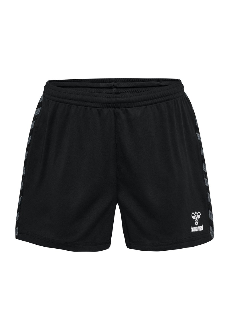 Zwarte sportshorts met een elastische tailleband, zijpanelen met een grijze ruitpatroon en een wit logo op de onderkant van de voorkant.