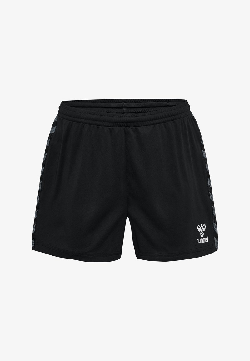 Schwarze Sportshorts mit elastischem Bündchen, seitlichen Karomuster in Grau und einem weißen Logo an der unteren Vorderseite.