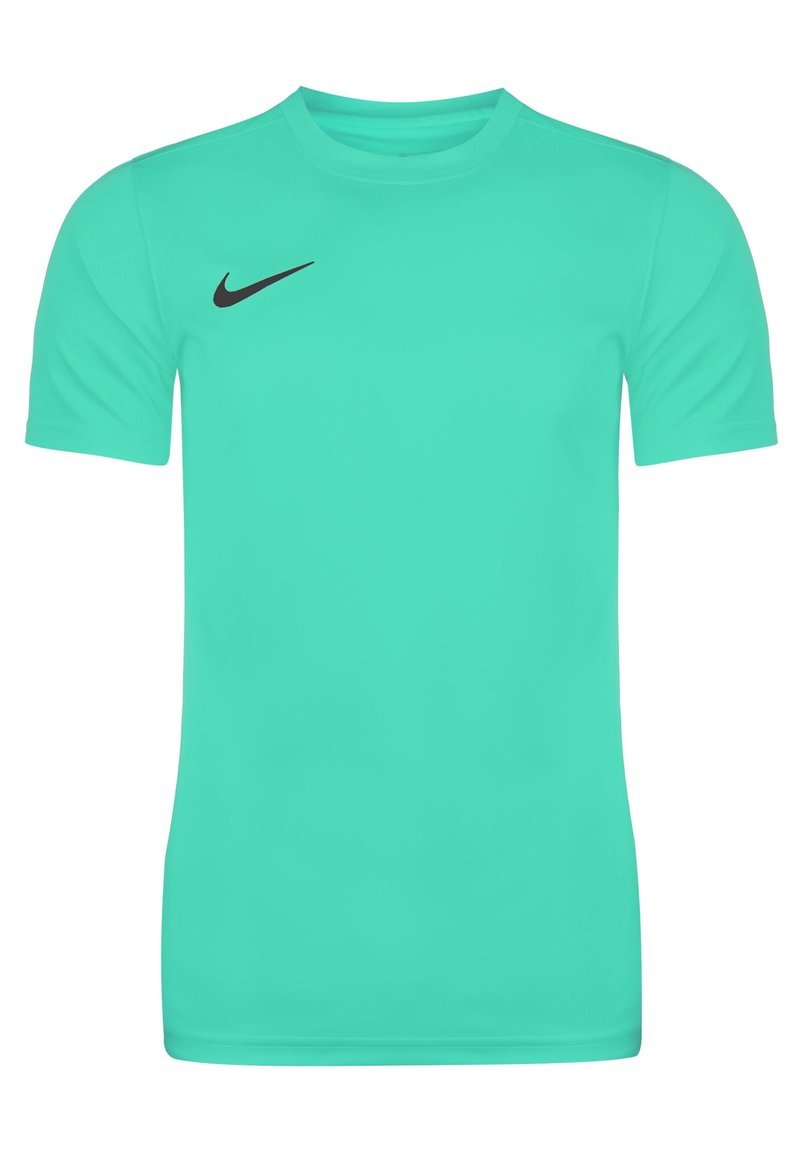 Una camiseta deportiva de manga corta en color verde menta, hecha de un tejido suave, con cuello redondo y un swoosh negro de Nike en la parte superior izquierda.