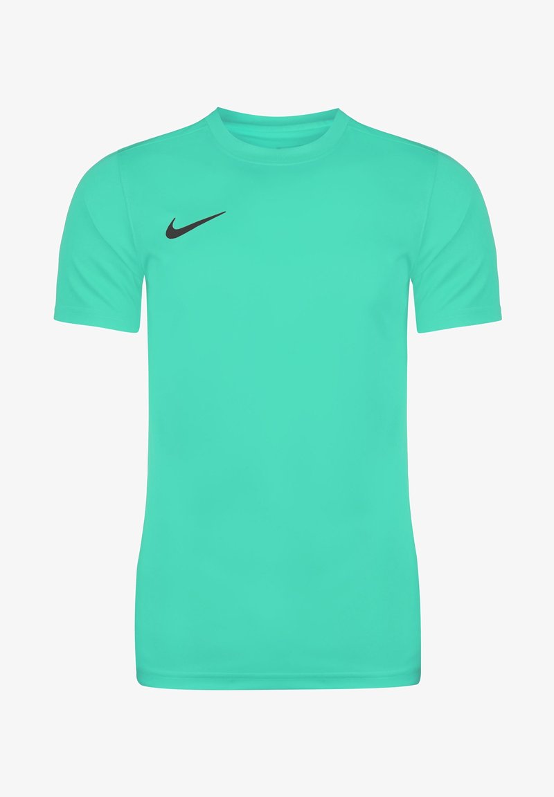 Una camiseta deportiva de manga corta en color verde menta, hecha de un tejido suave, con cuello redondo y un swoosh negro de Nike en la parte superior izquierda.