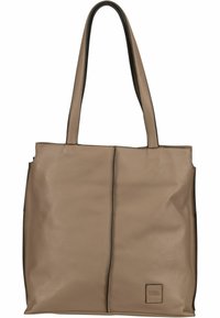 Borsa tote in pelle color cuoio con accenti neri, texture liscia, doppio manico e un design semplice caratterizzato da una cucitura centrale e una toppa con logo.