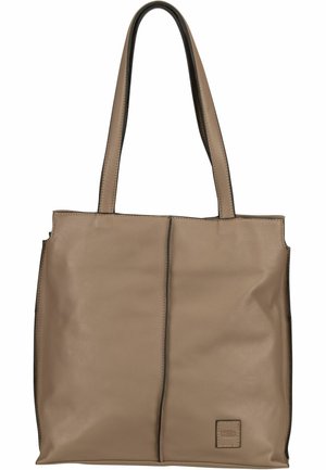 Hnědá kožená taška přes rameno s černými detaily, hladká textura, dvojité uši a jednoduchý design s centrálním švem a logem.