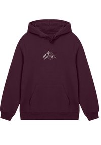 Bordeauxfarbener Hoodie mit einer Fronttasche, der ein weißes Berggrafik auf der Brust zeigt. Weicher Stoff, gerippte Bündchen und Taillenbund.
