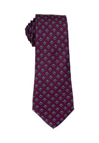 Bordeaux zijden stropdas met een herhalend ruitpatroon in blauw en wit, met een soepele textuur en een taps toelopend einde.