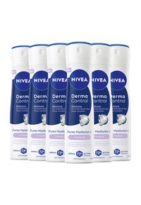 NIVEA Derma Control anti-transpirant bottles in white and blue, featuring a sleek design, 150ml capacity, and prominent product labeling.
