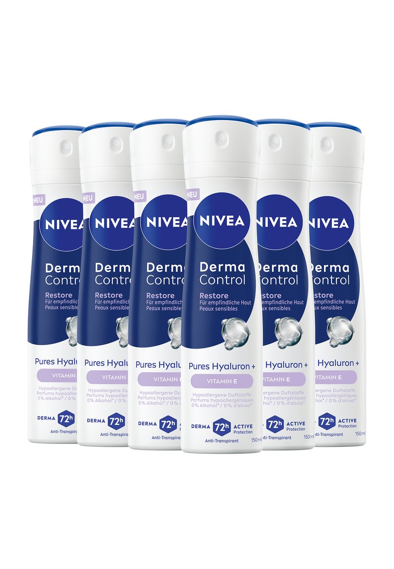 NIVEA Derma Control anti-transpirant bottles in white and blue, featuring a sleek design, 150ml capacity, and prominent product labeling.