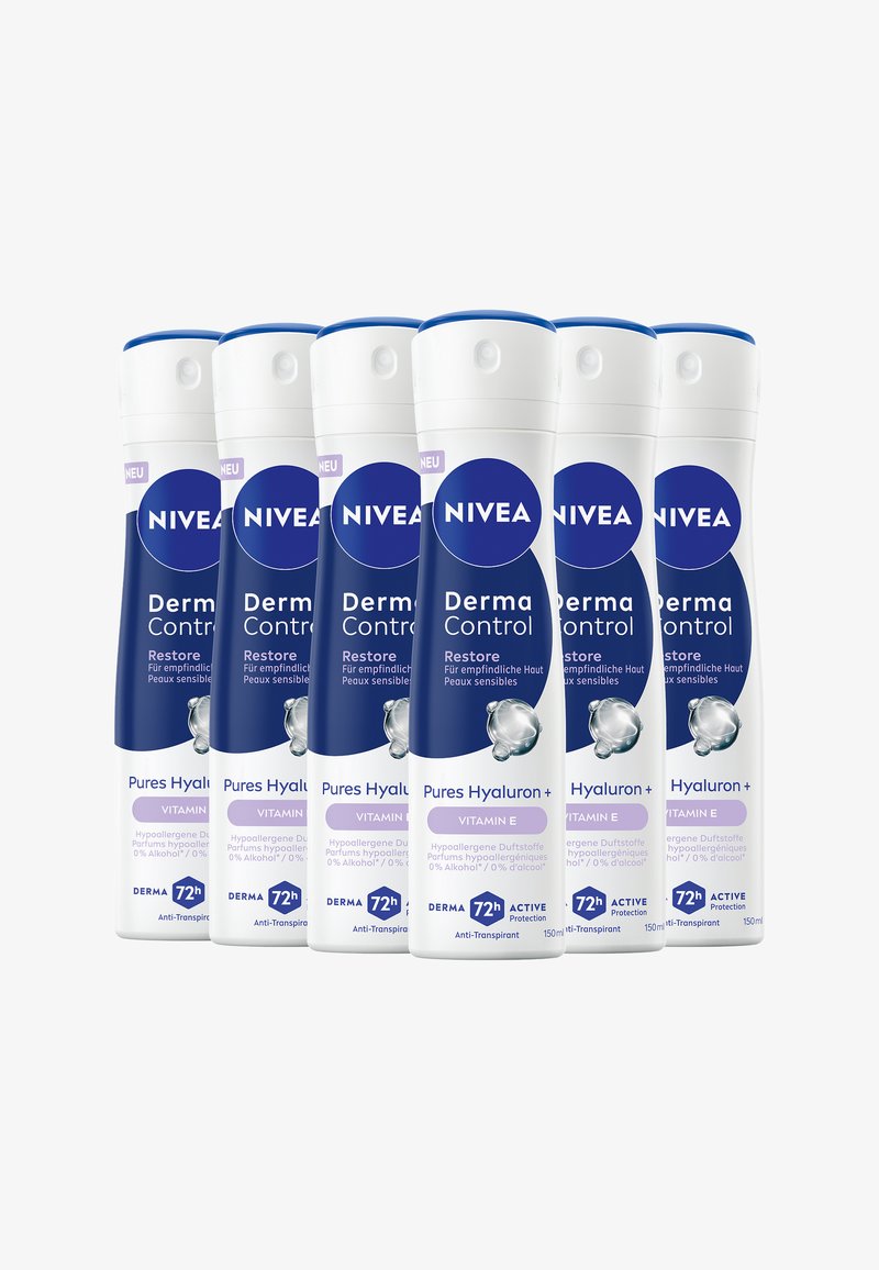 NIVEA Derma Control anti-transpirant bottles in white and blue, featuring a sleek design, 150ml capacity, and prominent product labeling.