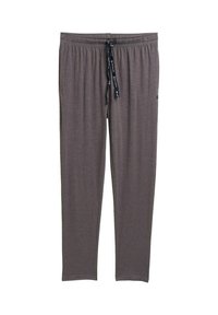 Pantalon de sport gris avec une taille élastique, un cordon de serrage et des jambes fuselées. Fabriqué en tissu doux avec une texture lisse.
