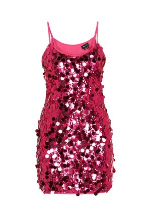 Pink palietkjole med tynde stropper, med en tætsiddende overdel og en kort kant. Tekstureret med runde, reflekterende pailletter over det hele.